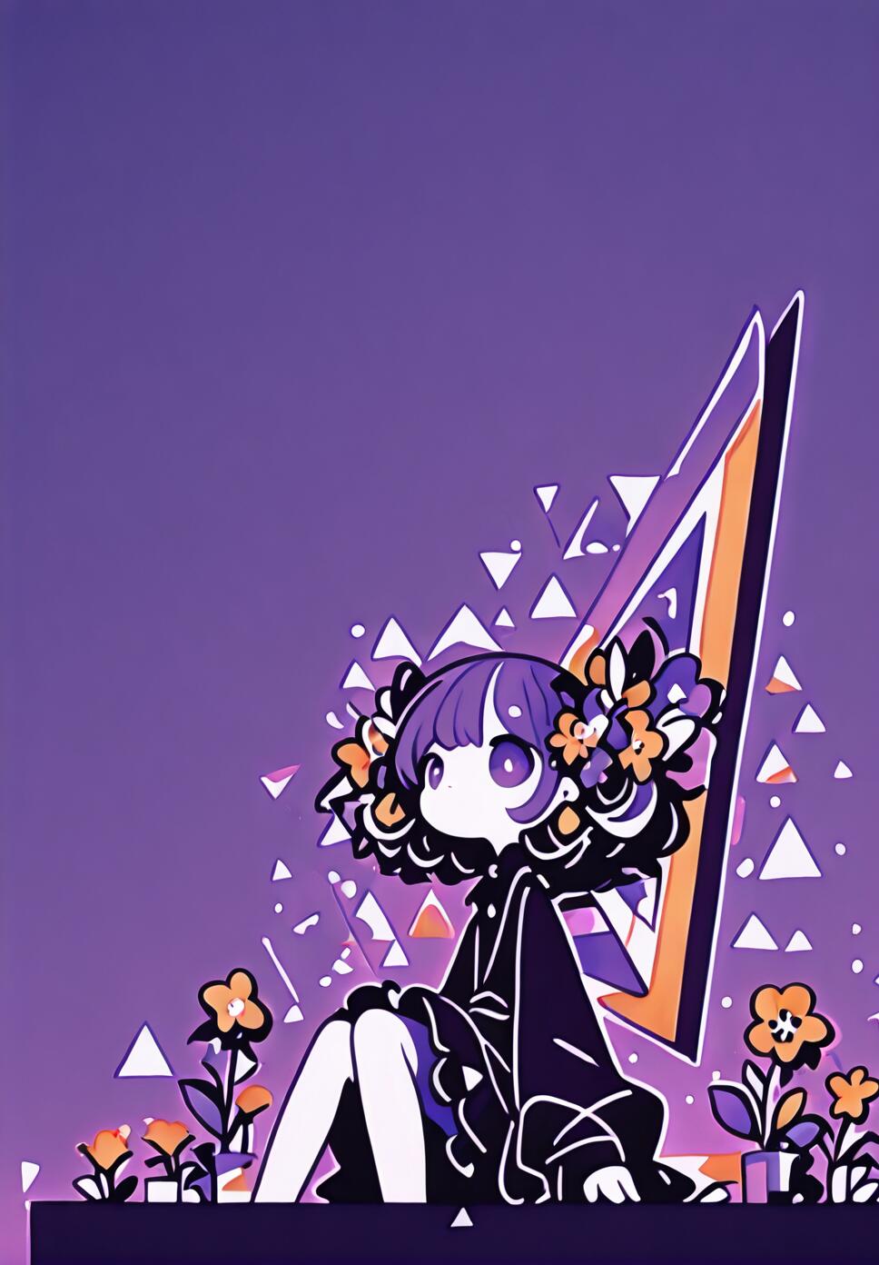 An anime girl with purple hair and flowers sits on a dark surface against a solid purple background, surrounded by floating white triangles and small orange flowers.