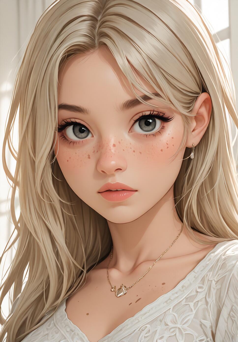 A close-up digital illustration of a young woman with long blonde hair, big grey eyes, and freckles. She is wearing a white lace top, a gold necklace, and a small earring, looking directly at the camera with a gentle expression.