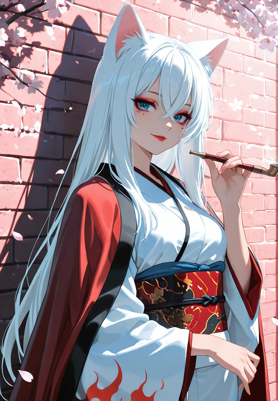 An anime illustration of a woman with long white hair and white fox ears, wearing a white and red kimono. She is holding a smoking pipe and smiling, standing in front of a pink brick wall with cherry blossoms.