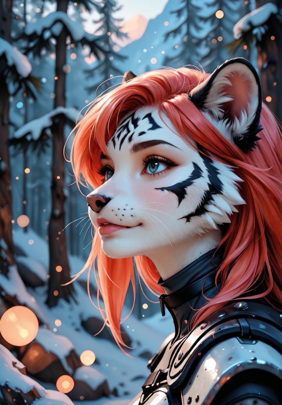 A close-up portrait of a fantasy female character with orange-red hair, white tiger ears, and facial markings. She wears silver and black armor and stands in a snowy forest with soft, glowing lights in the background.