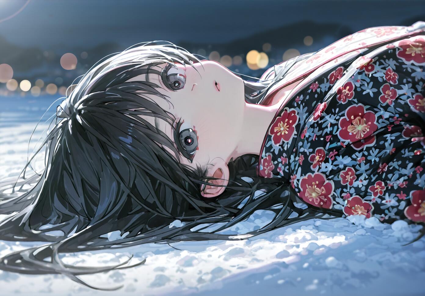 A young anime woman with long black hair wearing a floral kimono lies in the snow at night, gazing upwards. Blurry city lights are visible in the distance.