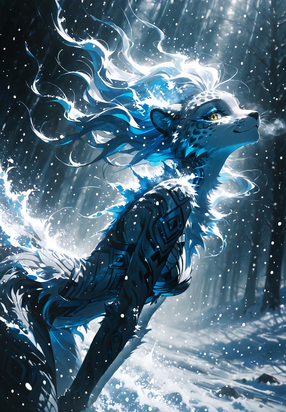 A digital fantasy illustration of an anthropomorphic female snow leopard with flowing blue and white hair, standing in a snowy forest. She has dark patterns on her body and a peaceful expression as snow falls around her.