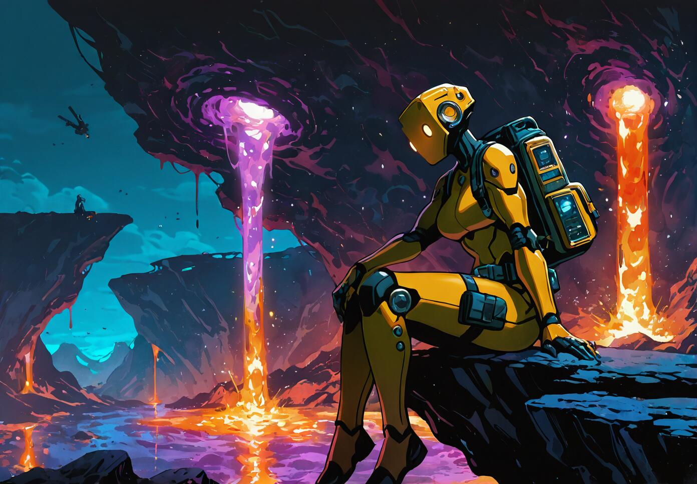 A yellow humanoid robot with a backpack sits on a rock ledge, looking out at a sci-fi landscape with a river of purple and orange lava and waterfalls of light.