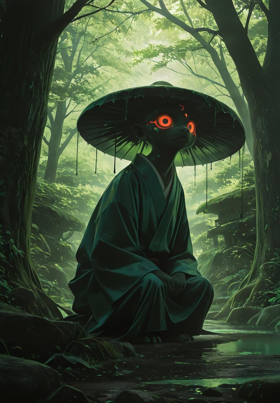 A dark-skinned, cat-like creature with glowing orange, circular eyes sits by a stream in a lush green forest. The creature wears a traditional green robe and a large, wide-brimmed hat, creating a mysterious and serene scene.