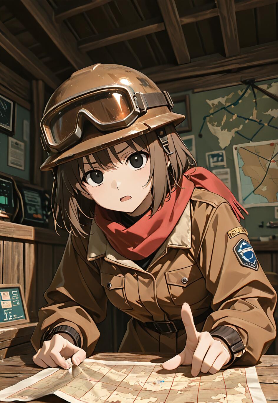 An anime girl with brown hair wearing an explorer's helmet and jacket, leaning over a wooden table and pointing at a map while looking towards the viewer.