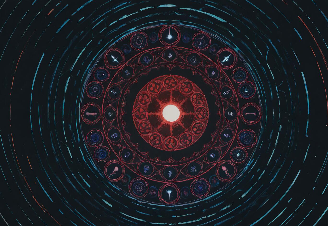 An intricate, circular mandala-like design glows with red and blue light against a dark, swirling background. The design features a bright, glowing center surrounded by concentric rings filled with various mystical symbols from the game Yume Nikki.