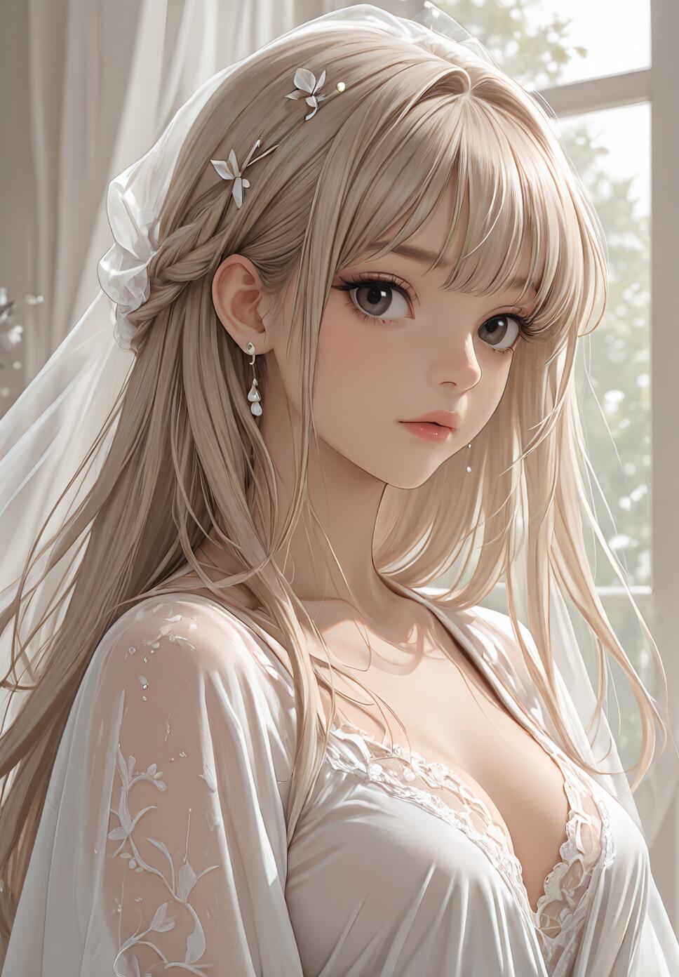 A close-up portrait of an anime-style young woman with long blonde hair, wearing a white lace robe and a bridal veil, looking at the camera with a gentle expression.