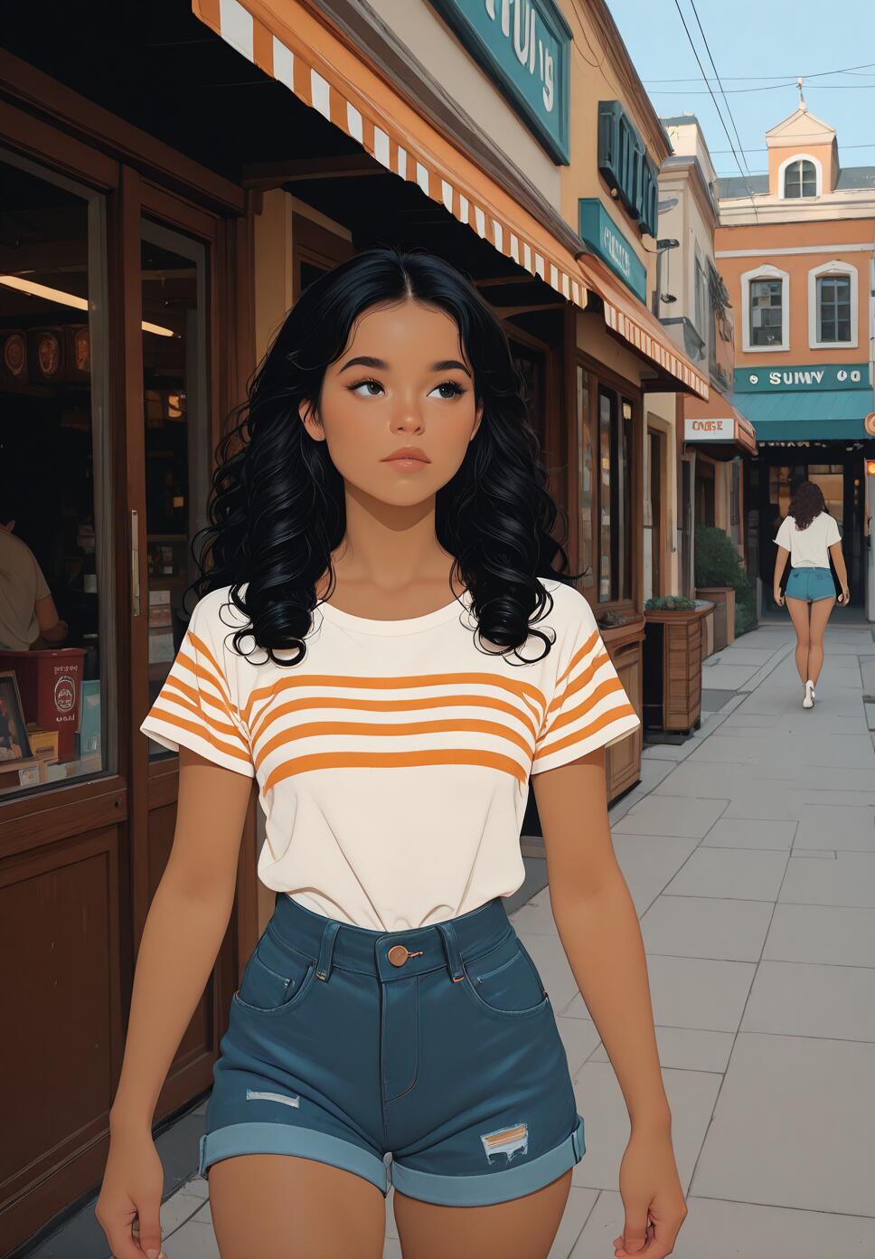 A digital illustration of a young woman with curly black hair, wearing a striped t-shirt and denim shorts, walking along a sunny city street lined with shops.