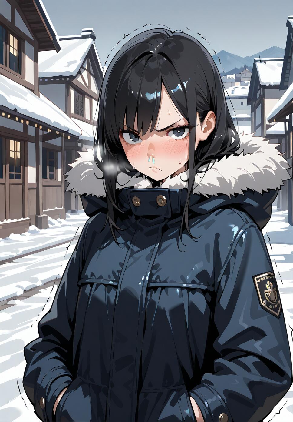 An anime girl with short black hair and a runny nose frowns while standing in a snowy village, wearing a dark blue winter coat with a fur hood and her hands in her pockets.