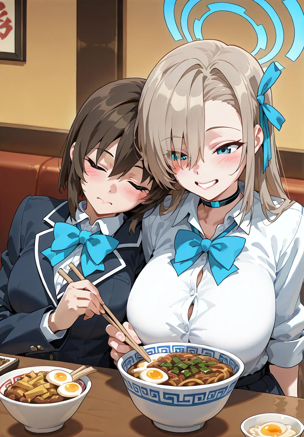 Two anime schoolgirls in a restaurant. Ichinose Asuna from Blue Archive, with ash-blonde hair and a halo, smiles while her brown-haired friend sleeps on her shoulder. Two bowls of ramen are on the table in front of them.