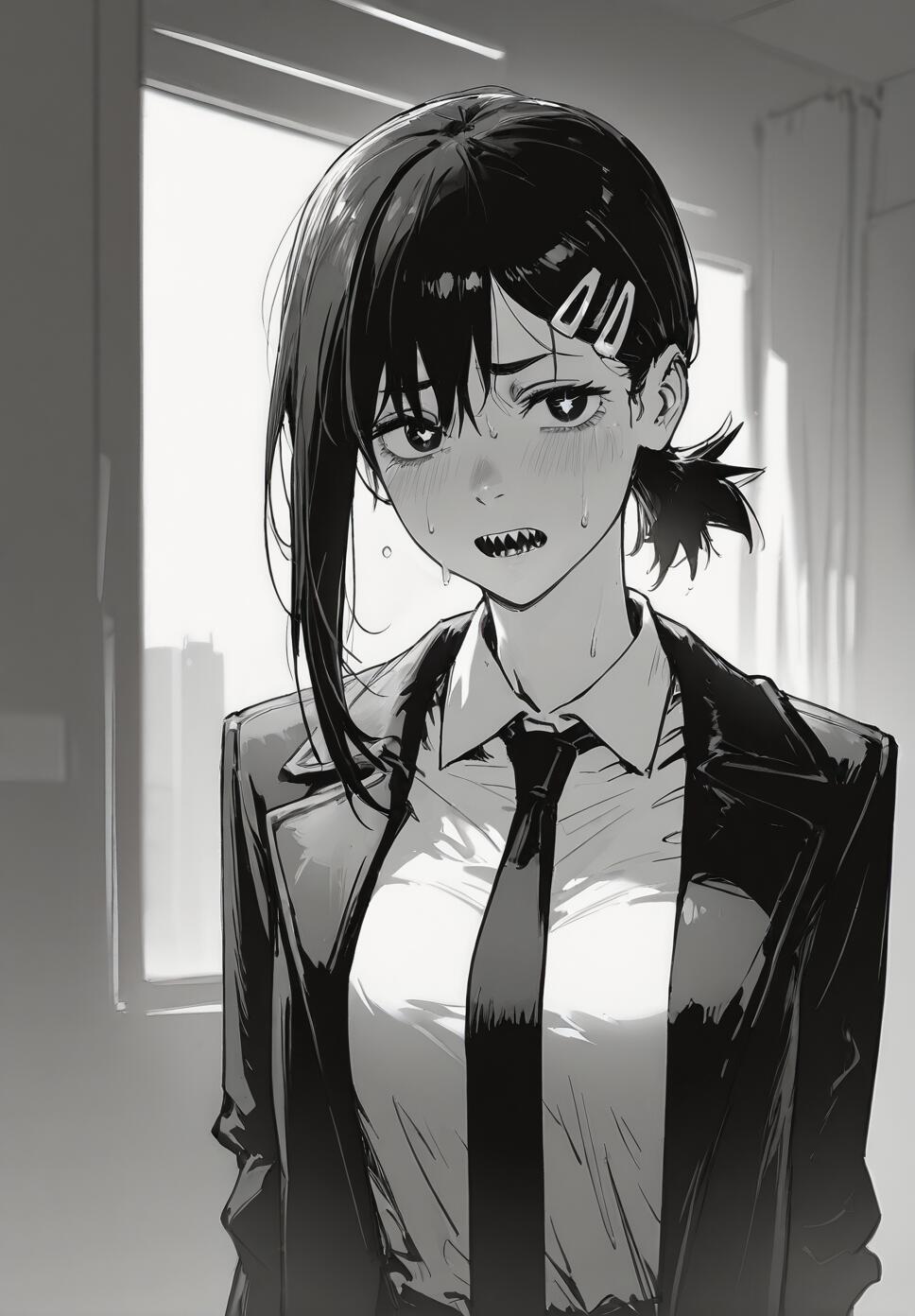 A monochrome anime-style drawing of Kobeni Higashiyama from Chainsaw Man. She looks very nervous, sweating and baring sharp teeth, while wearing her suit and tie.