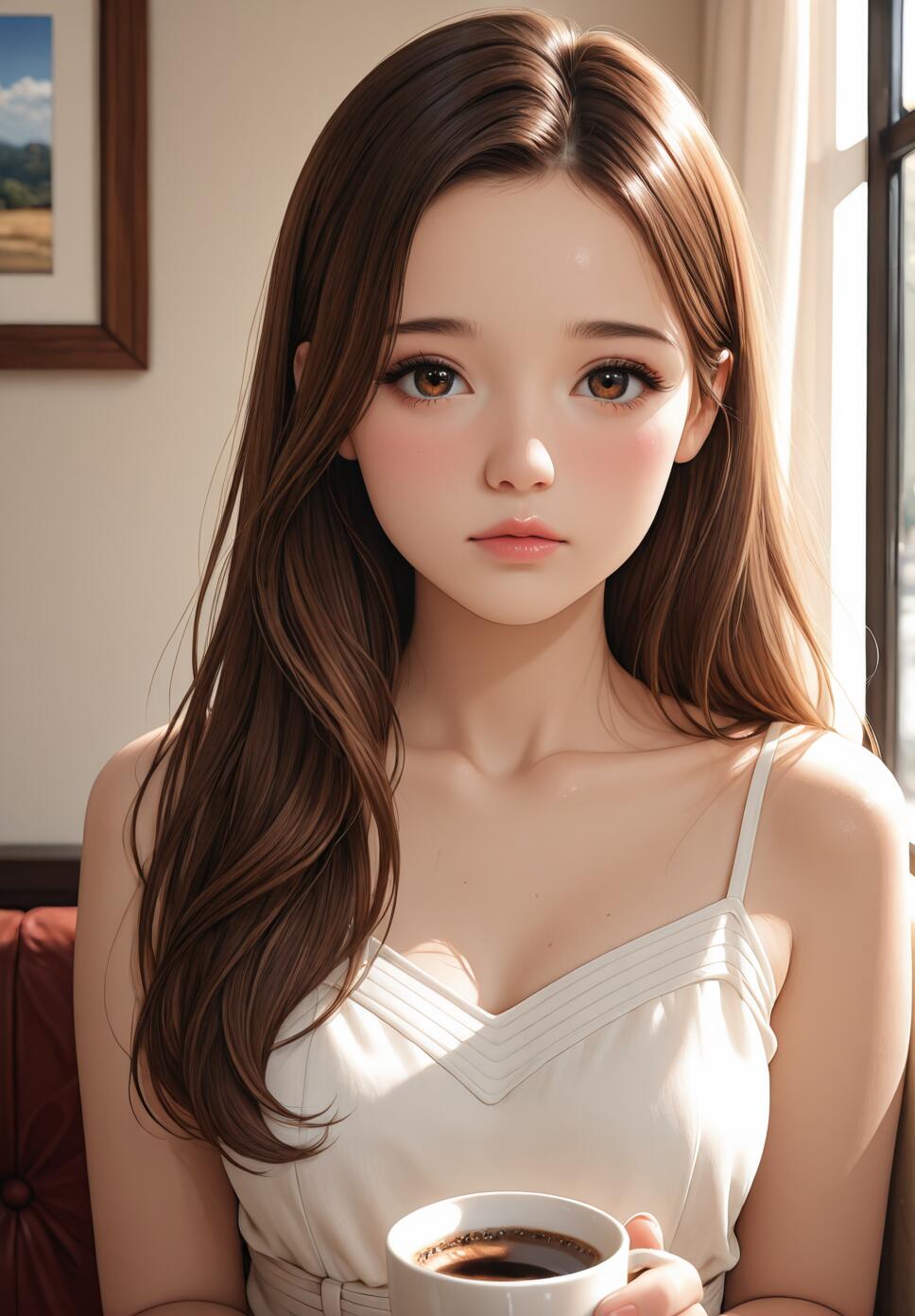 A digital illustration of a beautiful young woman with long brown hair and big brown eyes, wearing a white sleeveless top and holding a cup of coffee in a sunlit room.