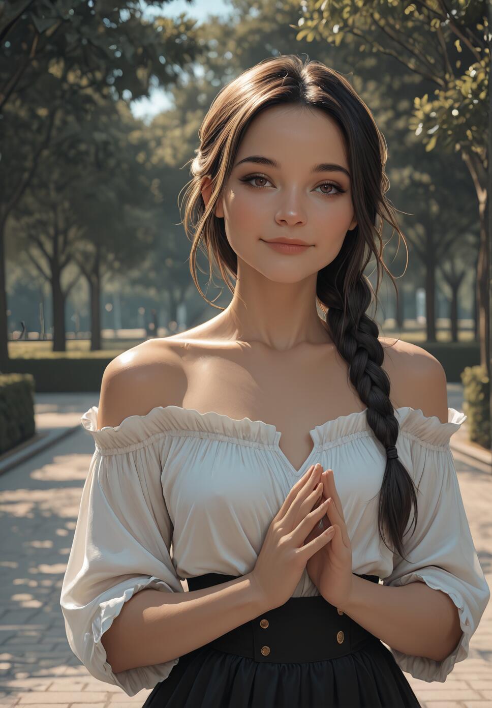 A young woman with long brown braided hair stands in a park. She is wearing a white off-the-shoulder blouse and a black skirt, with her hands folded in front of her, looking at the camera with a gentle smile.