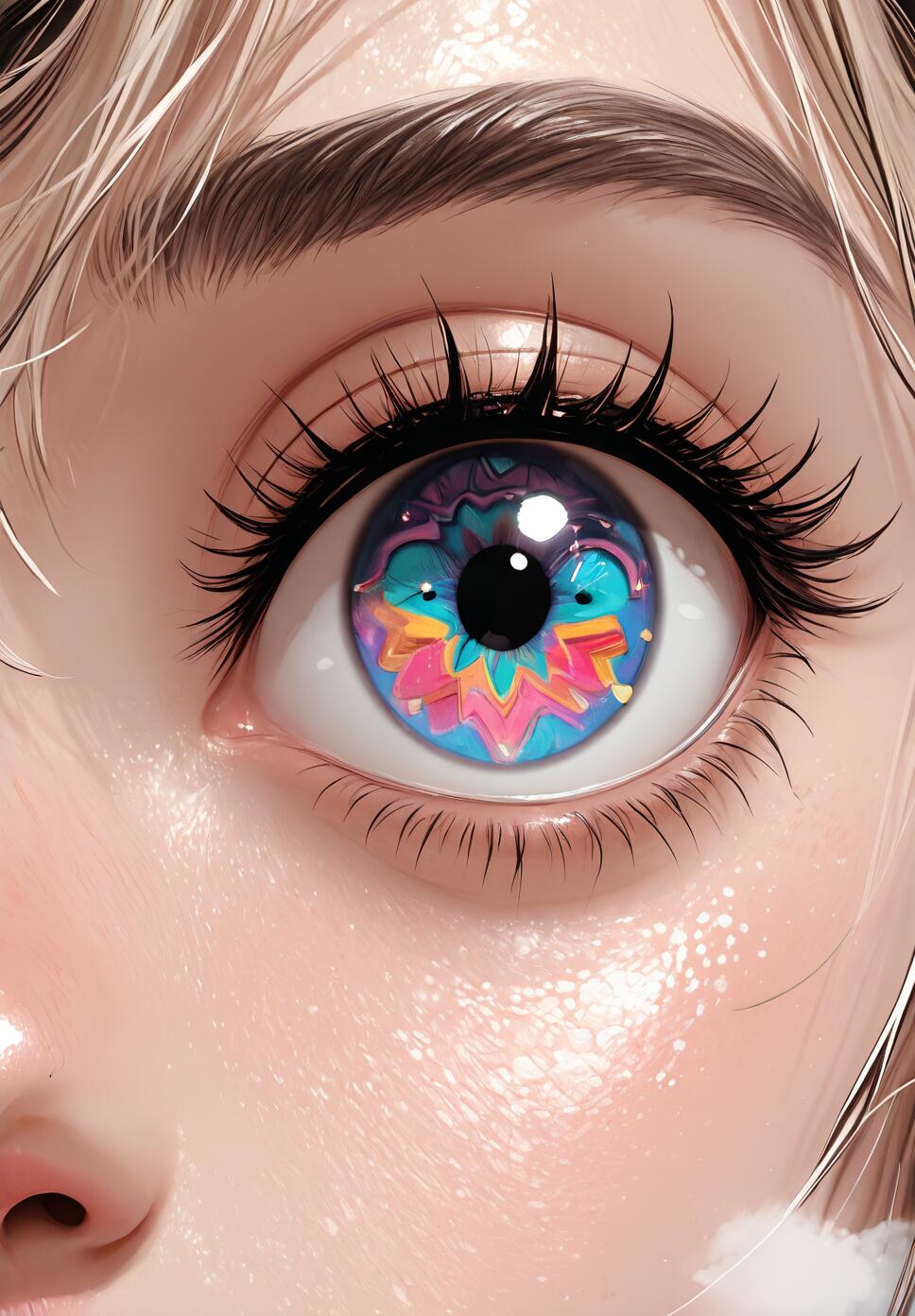 An extreme close-up of a beautifully illustrated eye with a colorful, kaleidoscopic iris in shades of pink, blue, and yellow, framed by long black lashes and blonde hair.