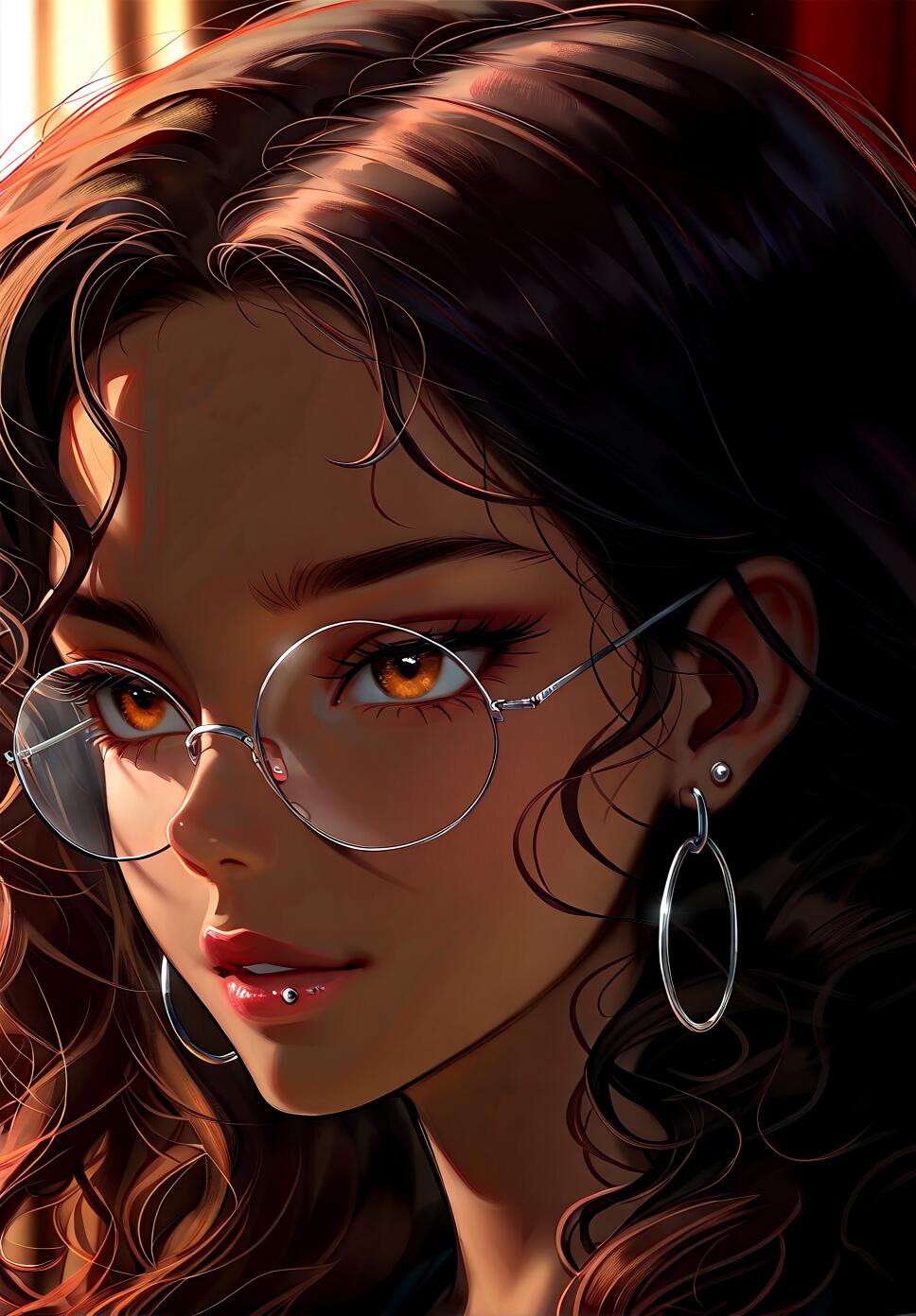 A detailed digital portrait of Priya from Turning Red. She has wavy dark hair, warm skin, and amber eyes. She is wearing round silver glasses and silver hoop earrings, looking slightly to the side with a calm expression.