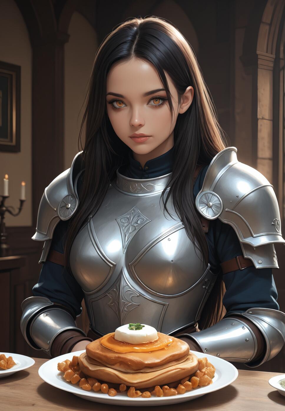 A young woman with long dark hair and golden eyes, wearing a full suit of silver plate armor, sits at a wooden table in front of a plate of pancakes.