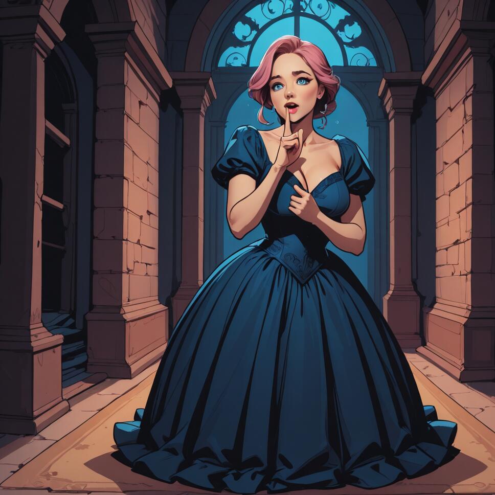 A woman with pink hair in a blue ball gown stands in a stone castle hallway, holding a finger to her lips to signal for silence.