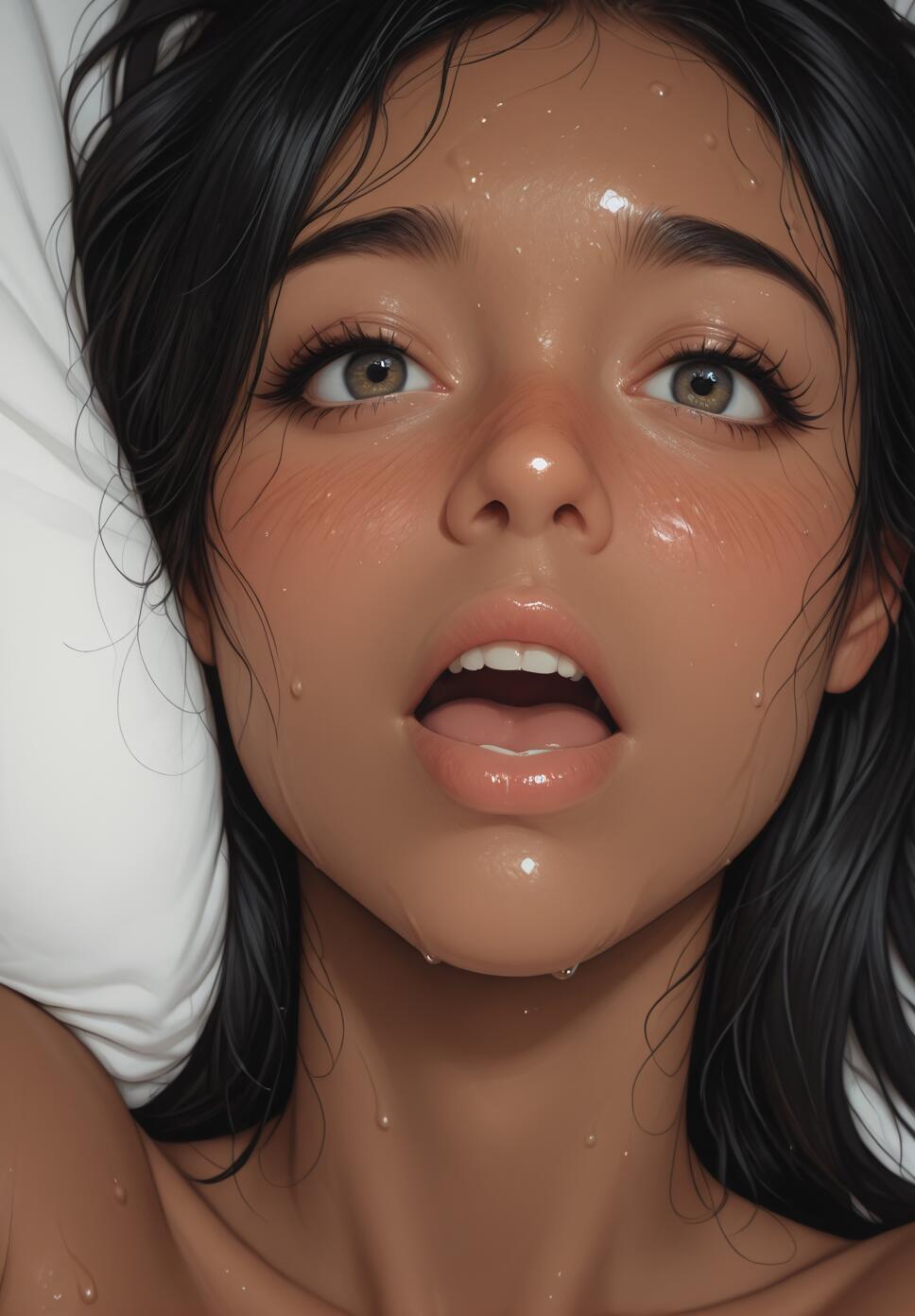 A close-up illustration from above of a young woman with tanned skin and dark hair lying on a white pillow. Her eyes are wide with amazement, her mouth is open, and her face is dewy with sweat.