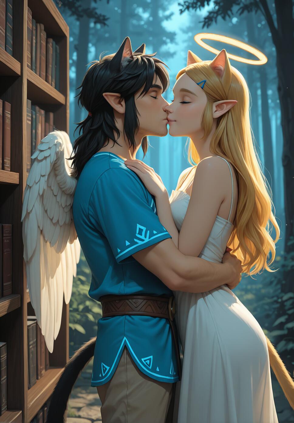 An illustration of Link and Zelda from The Legend of Zelda kissing. Both characters have cat ears and tails. Link has a single white angel wing, and Zelda has a halo.