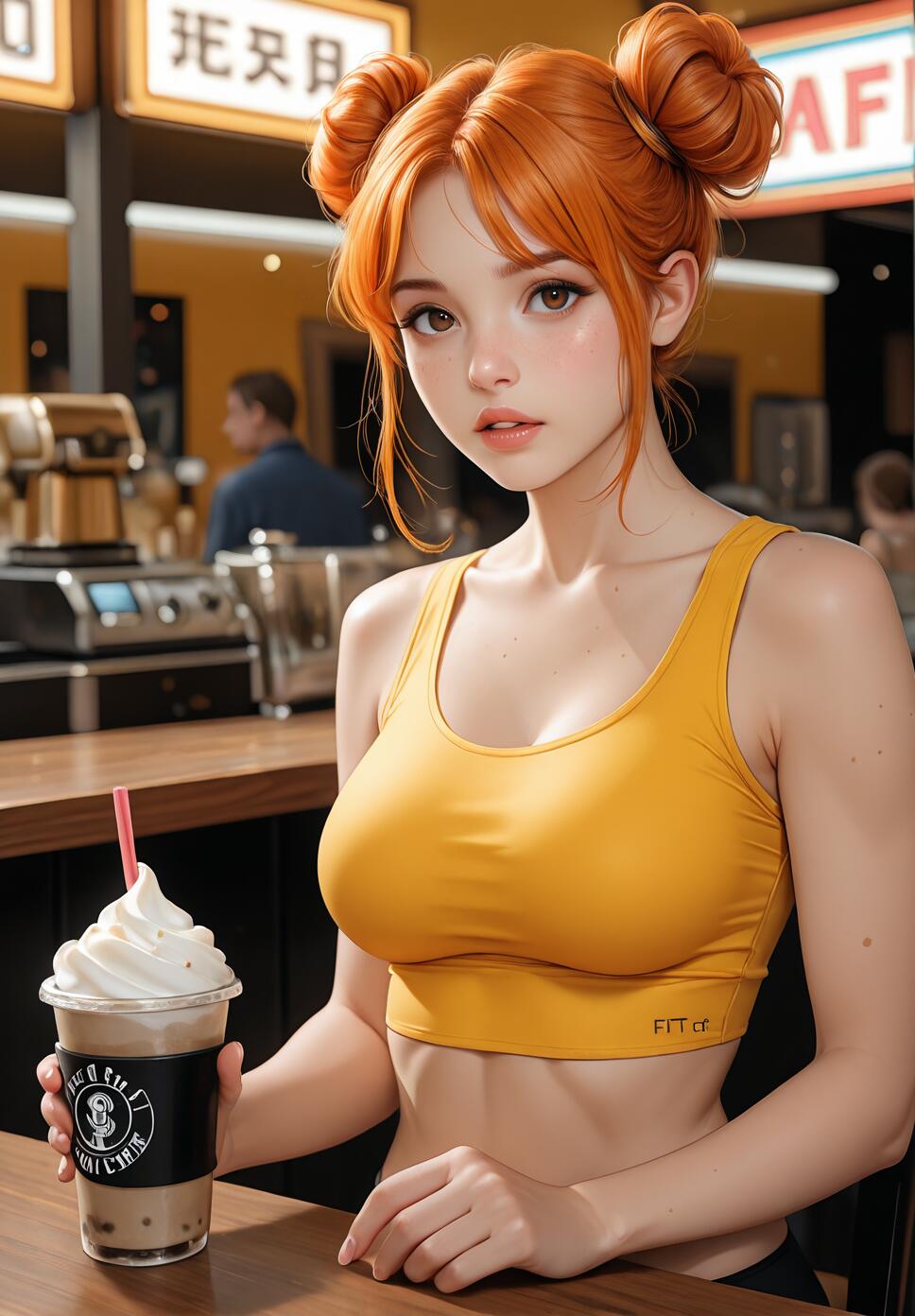 A realistic portrait of a young woman with bright orange hair in double buns and a yellow sports bra, sitting at a cafe table while holding a tall drink topped with whipped cream and looking directly at the camera.