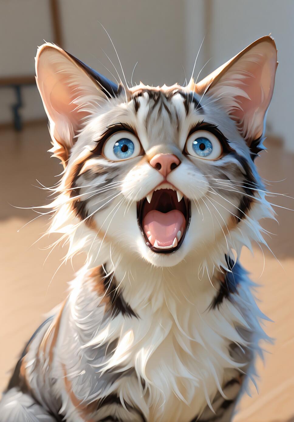 A close-up digital painting of a grey and white tabby cat looking up in shock, with its bright blue eyes wide and its mouth open in a gasp.