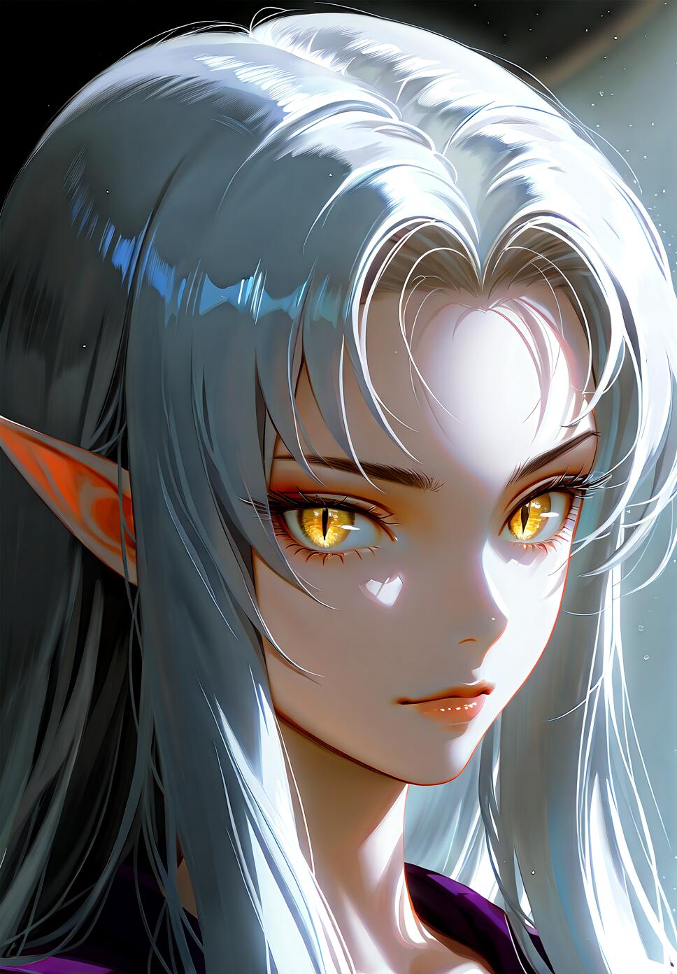 A detailed digital art portrait of Ryouko Hakubi from Tenchi Muyo!, an anime character with long silver hair, pointed ears, and intense golden eyes with slit pupils, looking at the viewer against a dark background.