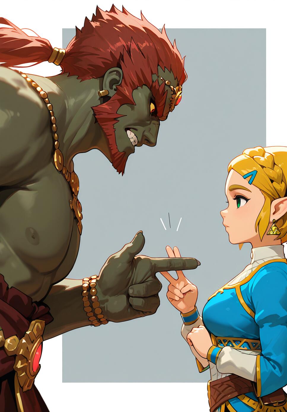 Digital art of Ganondorf from The Legend of Zelda leaning down to point his finger at Princess Zelda, who stands calmly and stops his finger with her index and middle fingers in a V-shape.