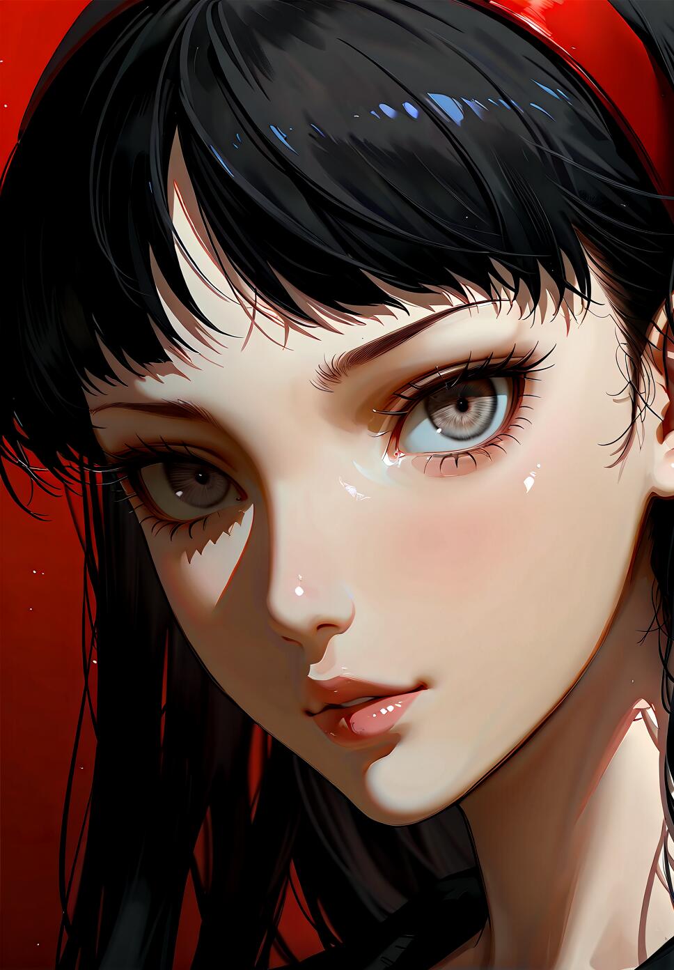 A close-up digital art portrait of Amagi Yukiko from Persona 4, featuring her long black hair, a prominent red headband, and detailed, light-colored eyes against a dark red background.