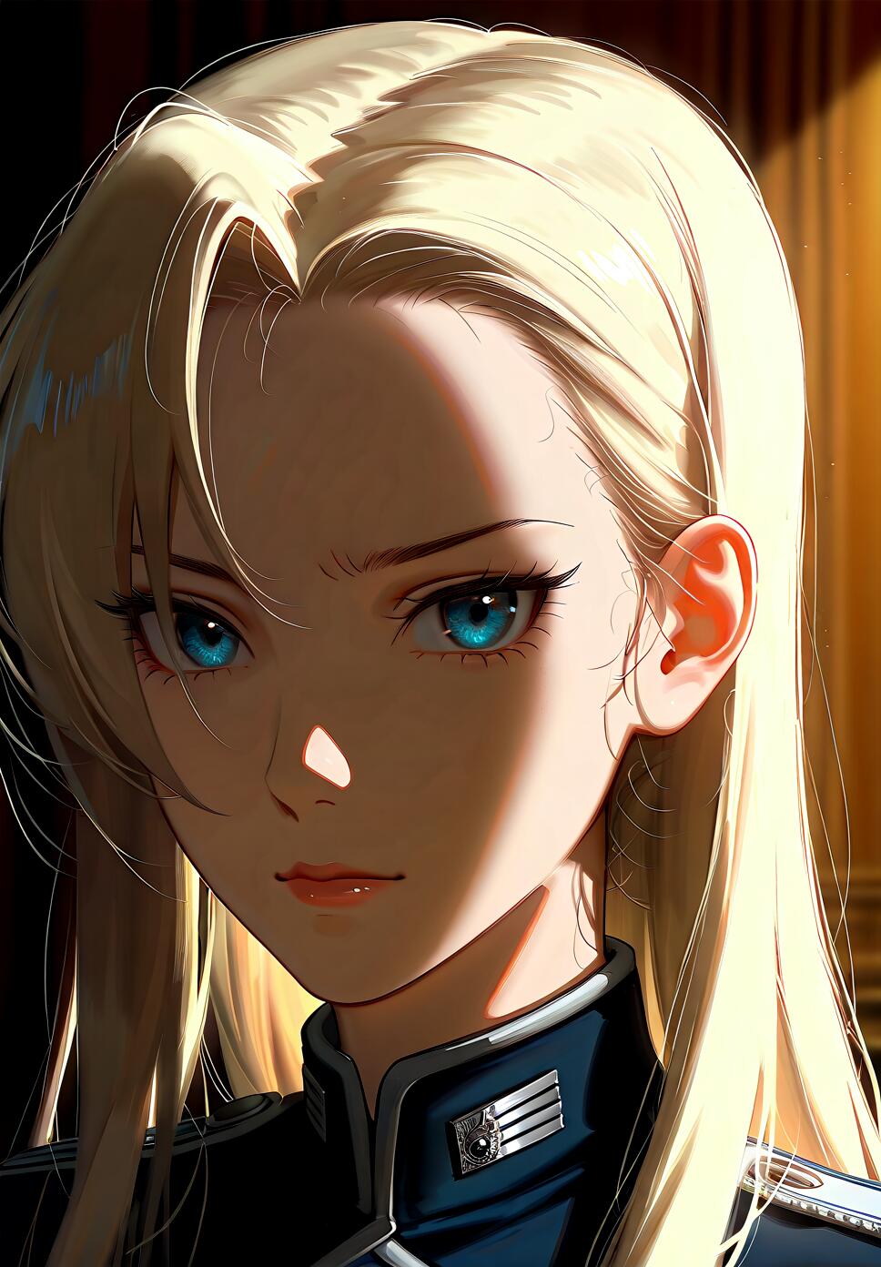 A detailed close-up portrait of Riza Hawkeye from Fullmetal Alchemist. She has blonde hair and intense blue eyes, with a serious expression. Her face is half-covered in shadow from dramatic lighting, and she is wearing a blue military uniform.