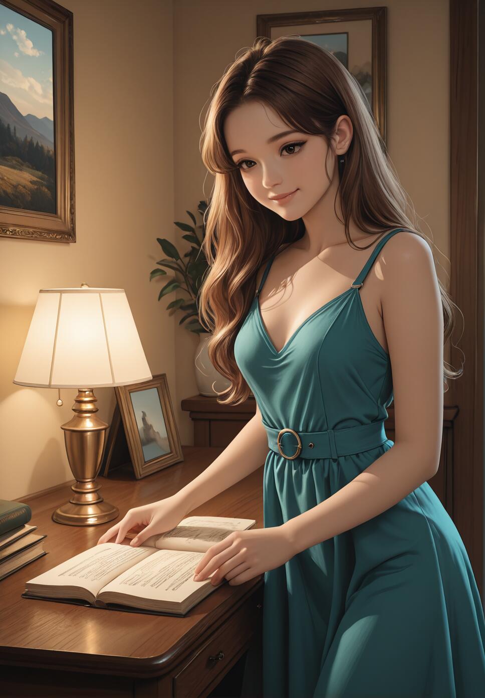 A young woman with long brown hair in a teal dress stands at a wooden desk, reading a book under the warm light of a table lamp in a cozy study.
