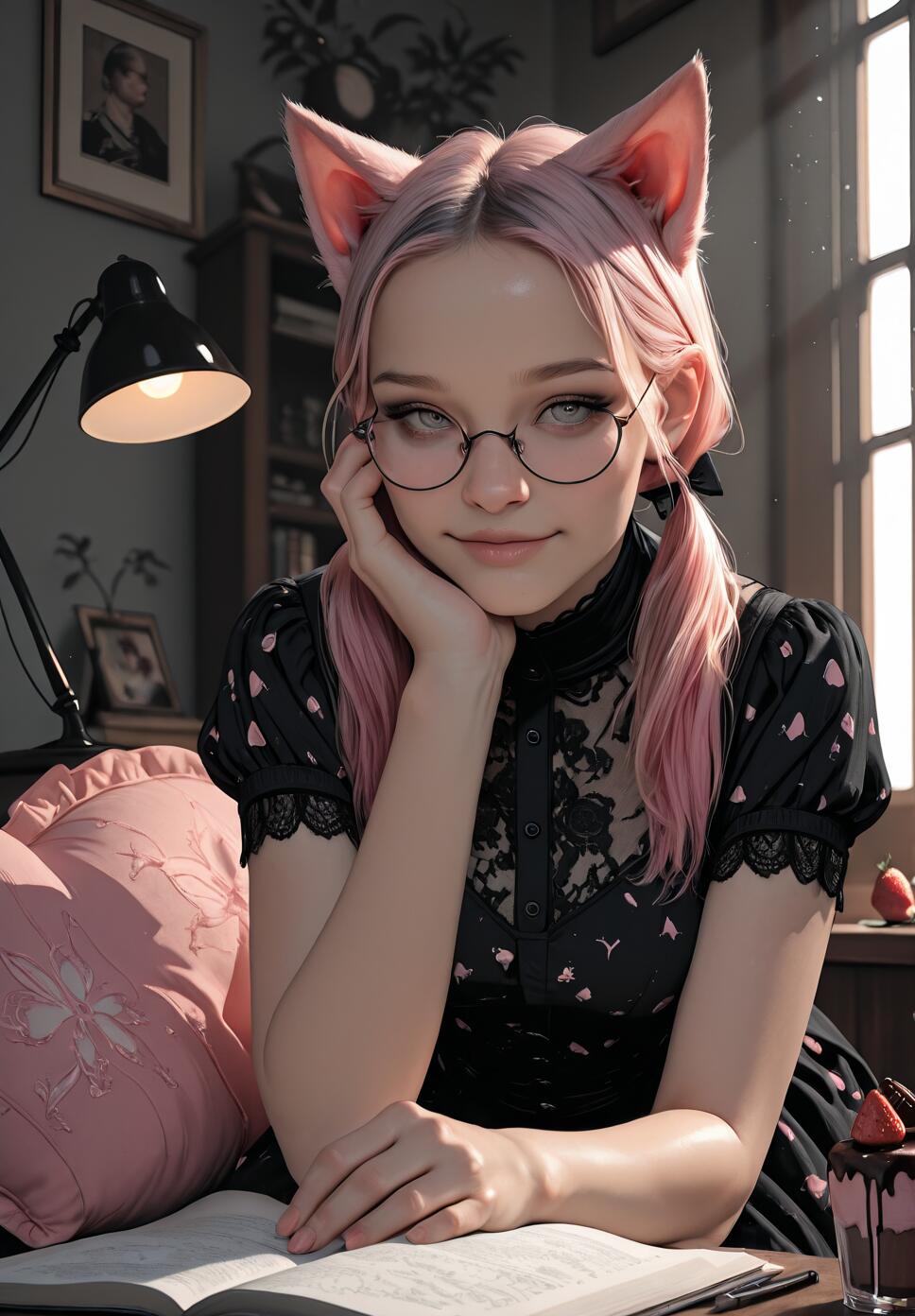 A young woman with long pink hair, pink cat ears, and round glasses, smiling softly while sitting at a desk with an open book and a lamp.