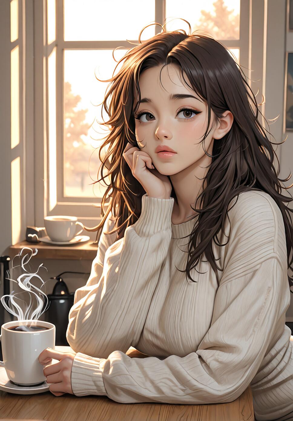 An illustration of a young woman with long brown hair sitting at a table by a window, wearing a cozy sweater and holding a steaming mug of coffee while looking thoughtfully towards the viewer.