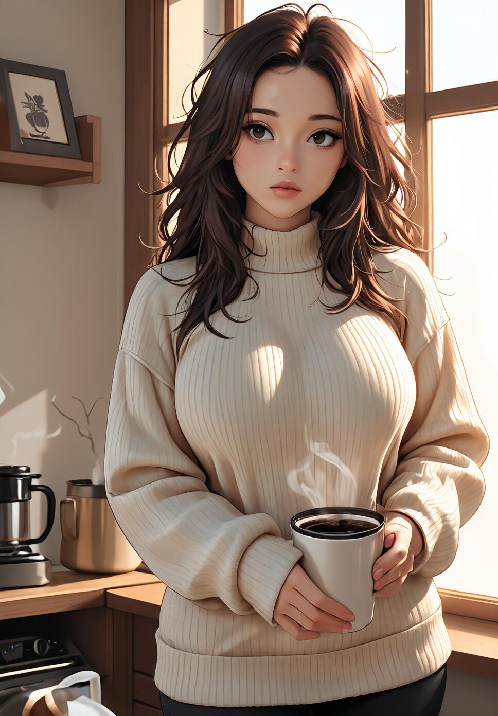 An illustration of a young woman with long brown hair in a cream sweater, holding a steaming mug of coffee while standing by a sunlit window in a kitchen.