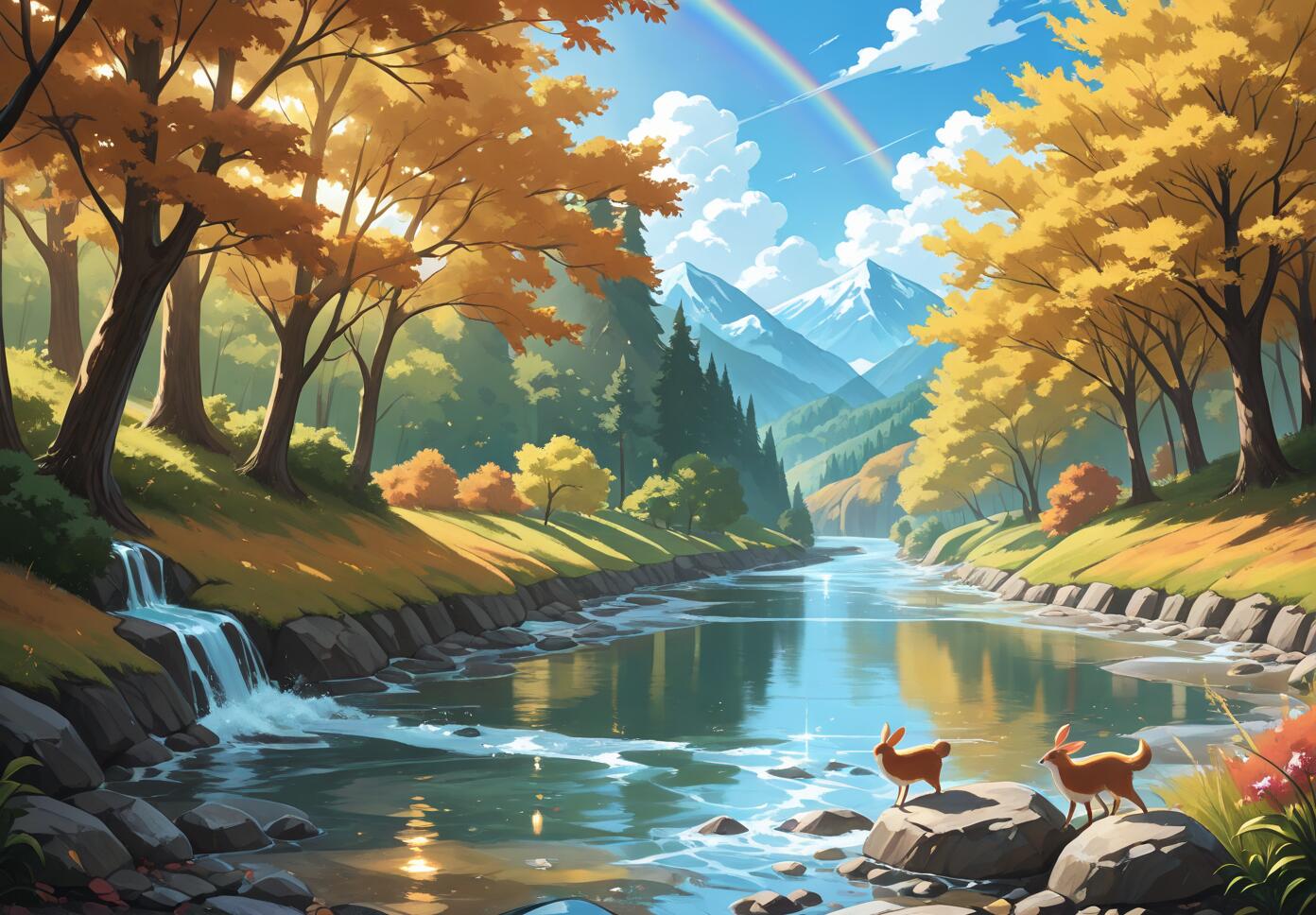 A vibrant illustration of a river valley in autumn, with two young deer on rocks, a rainbow in the sky, and snow-capped mountains in the distance.