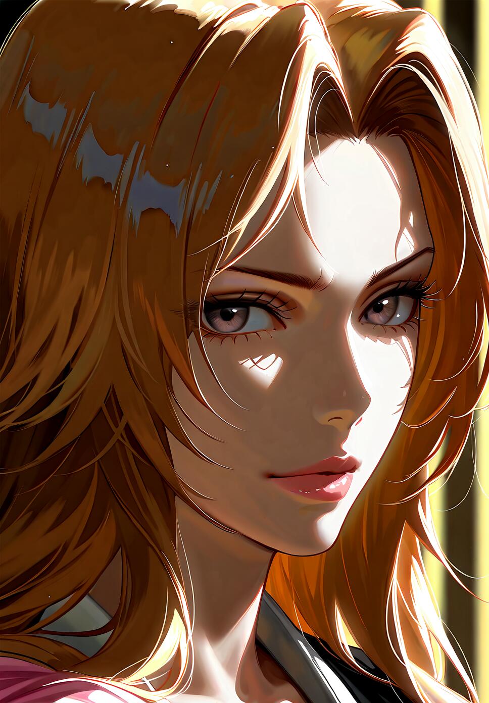 A close-up digital art portrait of Rangiku Matsumoto from Bleach with long, wavy, light brown hair. Her face is cast in dramatic shadow and light, giving her an intense and focused gaze.