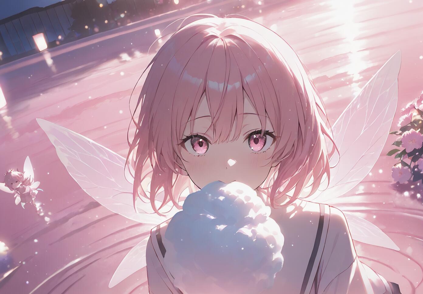 An anime girl with short pink hair, pink eyes, and translucent fairy wings holds a large piece of cotton candy, looking forward in a magical, pink-lit environment.