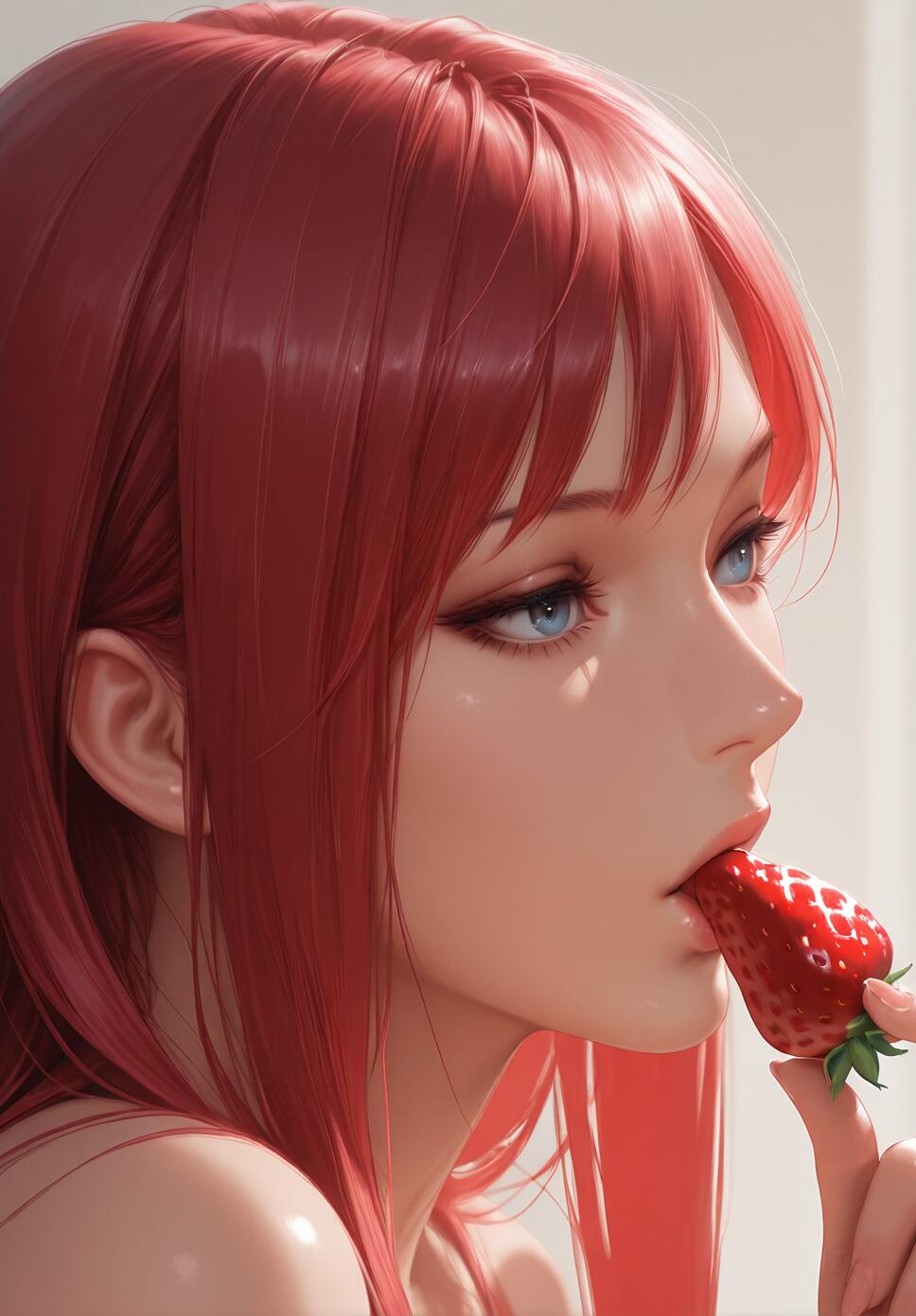 A close-up illustration of a beautiful girl with long red hair and blue eyes, holding a strawberry to her slightly parted lips.