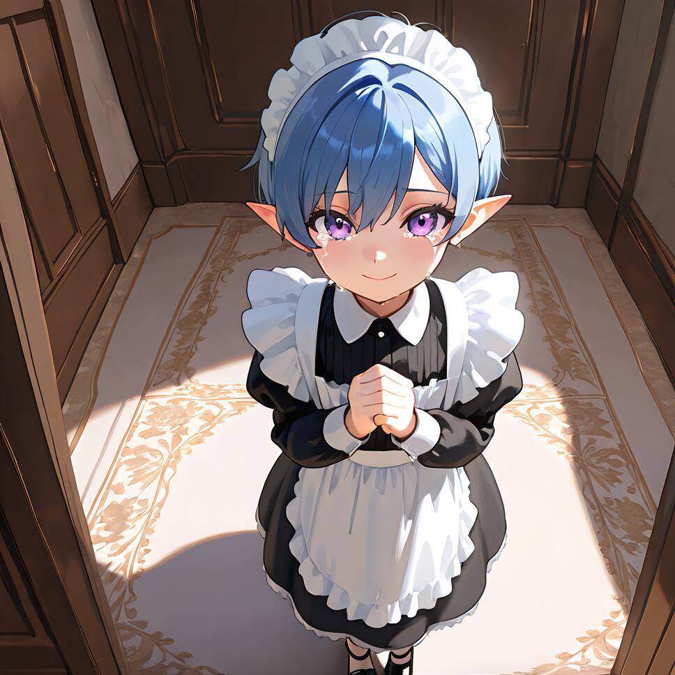 A young elf maid with short blue hair and pointy ears, dressed in a classic maid outfit, looking up with tear-filled purple eyes and a hopeful smile, her hands clasped together.