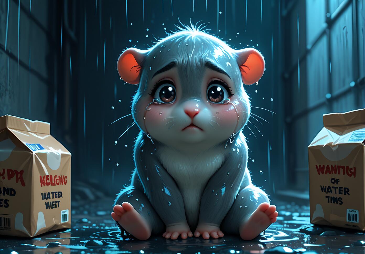 A cute, gray, cartoonish hamster with very large, sad, teary eyes, sitting on a wet surface in the rain in a dark alley. The hamster is crying, and there are cardboard boxes on either side of it.