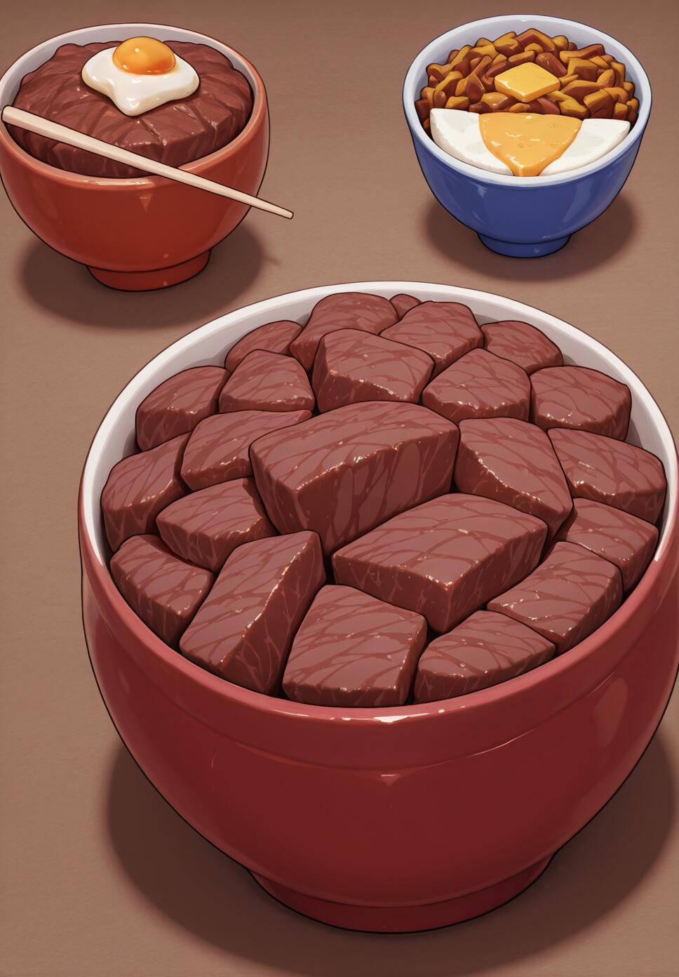 A digital illustration of three bowls of Japanese beef and rice. A large red bowl in the front is filled with steak cubes. Behind it are two smaller bowls, one with gyuudon and a fried egg, and another blue bowl with gyuudon, cheese, and a soft-boiled egg.