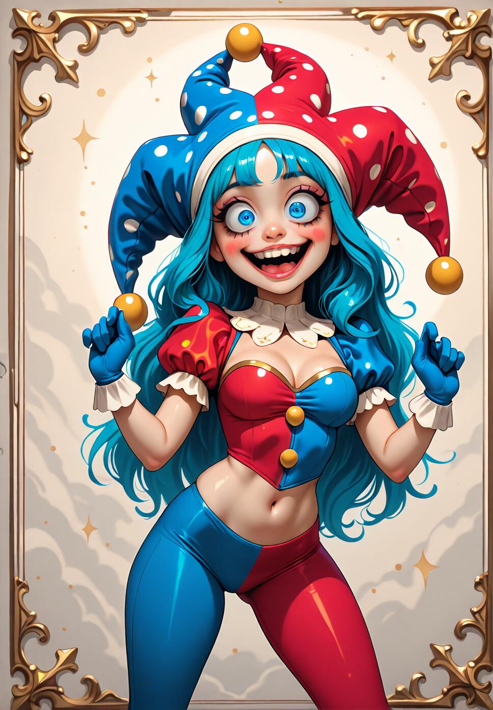 A digital illustration of Pomni from The Amazing Digital Circus, featuring her in a red and blue jester outfit with long blue hair. She has a wide, excited expression with big blue eyes and is posing playfully within a decorative gold border.