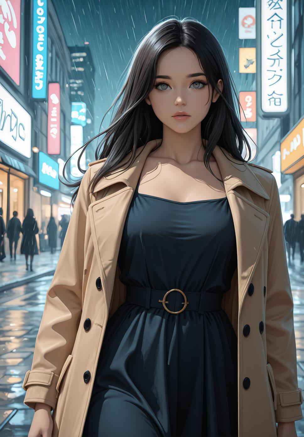 An anime-style illustration of a young woman with long dark hair and a tan trench coat over a black dress, standing on a wet city street at night with glowing neon signs in the background as it rains.