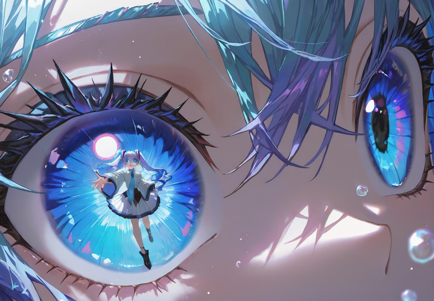 Extreme close-up on the vibrant, detailed blue anime eyes of Hatsune Miku. A miniature version of her full body is reflected beautifully within her left pupil.