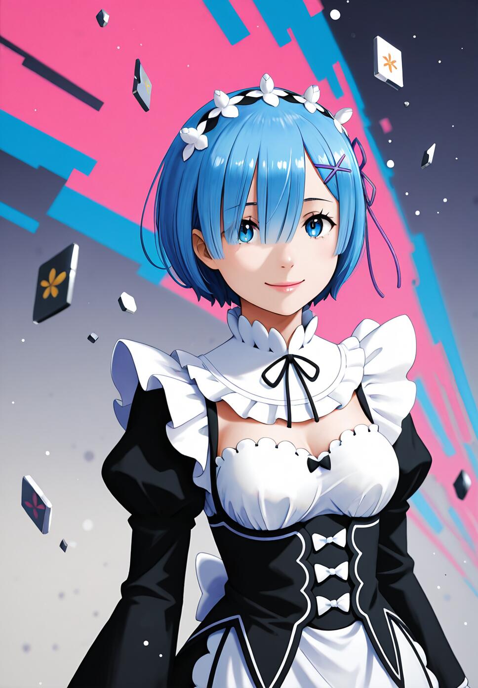 An anime-style illustration of Rem from Re:Zero, a young woman with short blue hair and a maid outfit, smiling gently in front of an abstract pink and blue background with floating fragments.