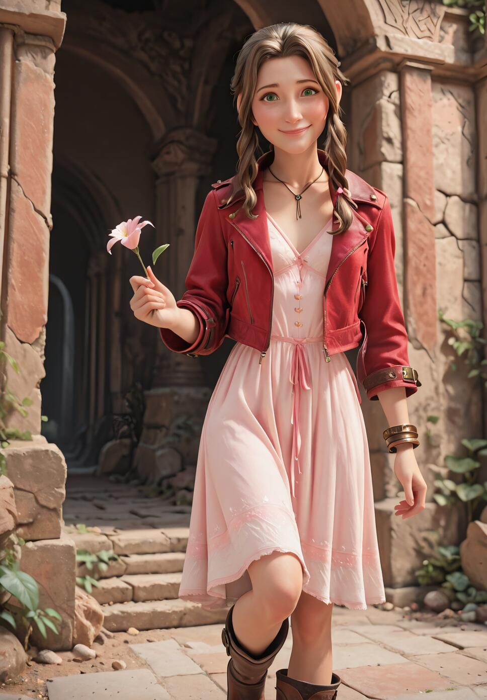 A full-body portrait of Aerith Gainsborough from Final Fantasy VII, wearing her classic pink dress and red jacket. She is smiling sweetly while holding a pink lily in a stone ruin setting.