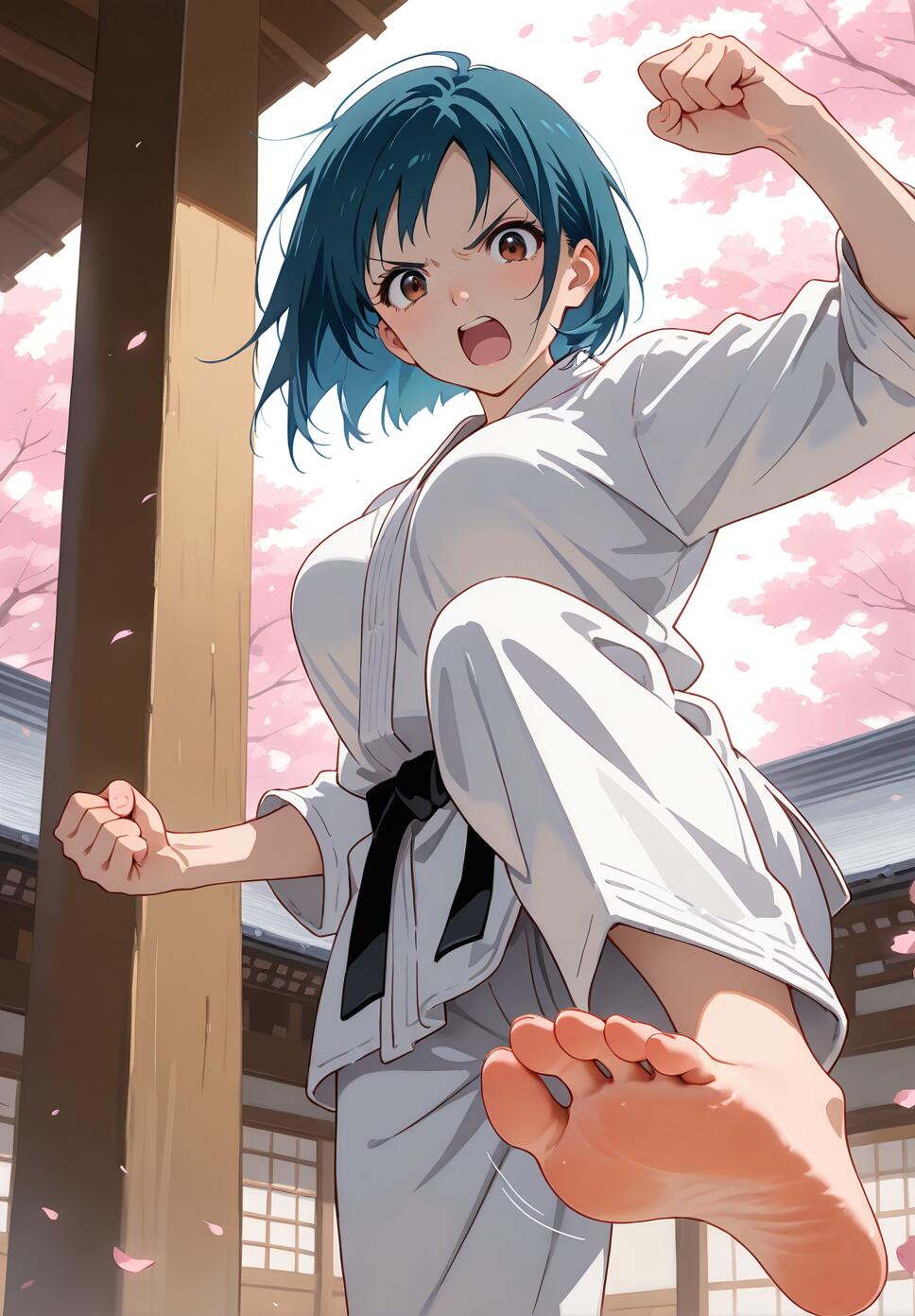 An anime girl with short blue hair, identified as Akane Tendo, in a white karate gi and black belt, performs a powerful stomp towards the camera. She has an angry expression and is outdoors at a dojo with cherry blossoms in the background.