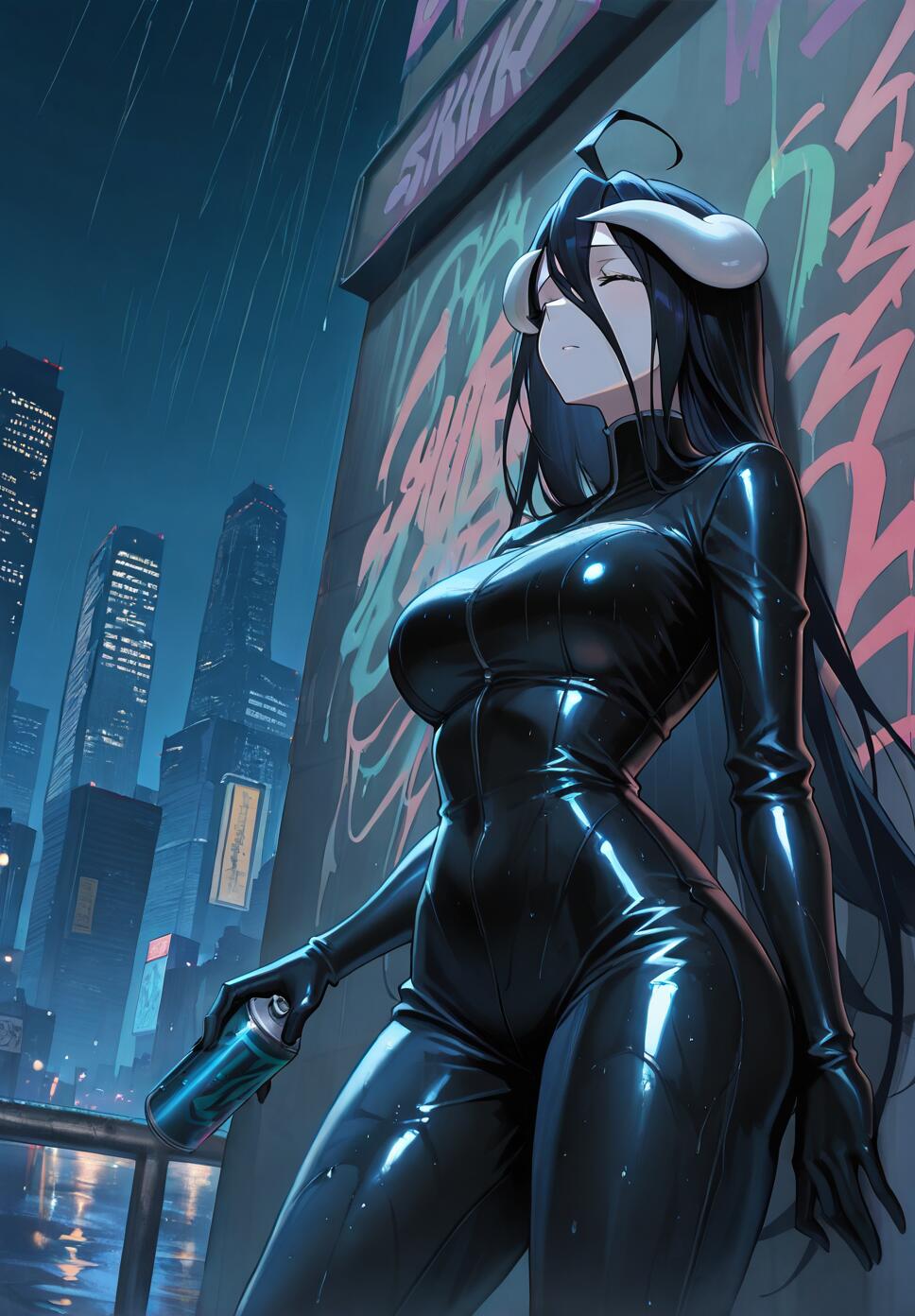 Albedo from Overlord in a tight black catsuit, standing in a rainy cyberpunk city at night with a spray can, leaning against a graffiti-covered wall with skyscrapers in the background.