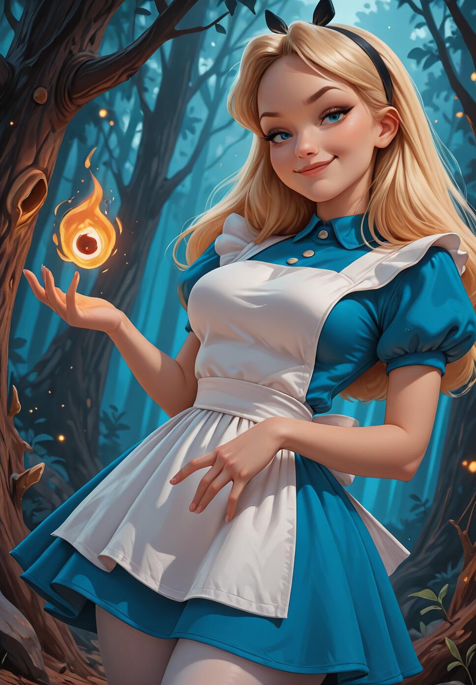 A digital illustration of Alice from Alice in Wonderland with long blonde hair and blue eyes, wearing her iconic blue dress and white apron. She stands in a dark, enchanted forest and smiles at the viewer while a small, magical flame floats above her open palm.