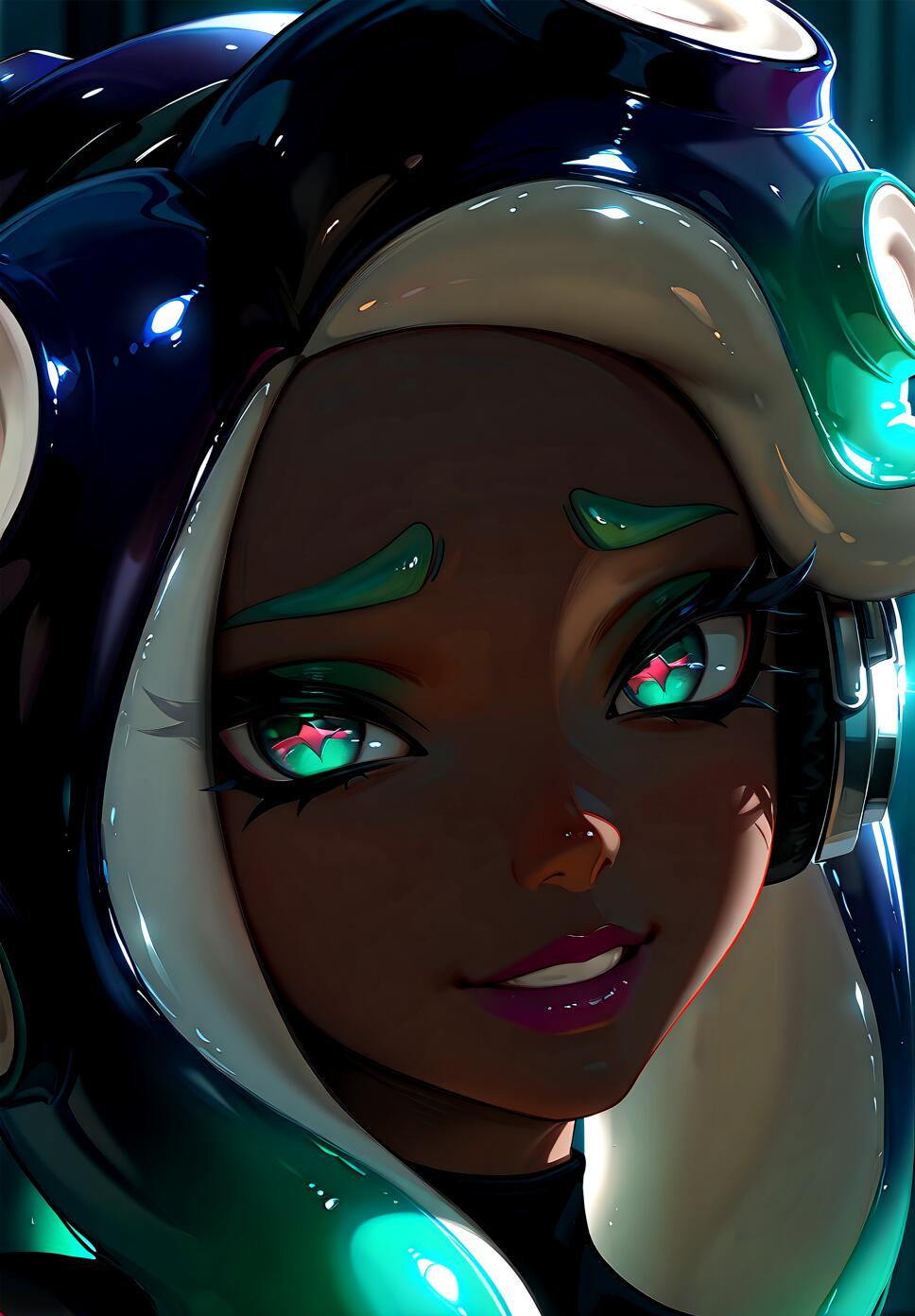 A close-up digital illustration of Marina from Splatoon 2. She has dark skin, glossy dark blue and teal tentacle hair, and large headphones. Her teal eyes with magenta star pupils glow in the dark, and she has a subtle, confident smile.