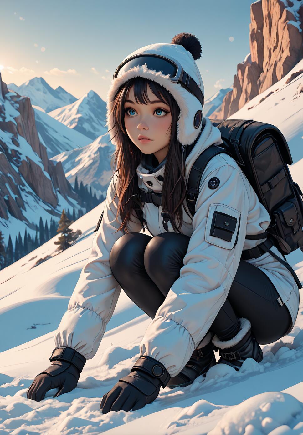 A digital illustration of a young anime-style woman with dark hair and blue eyes crouching in the snow on a mountain. She wears a white winter jacket, a white hat with a pom-pom, black pants, gloves, and a backpack, surrounded by snowy peaks.